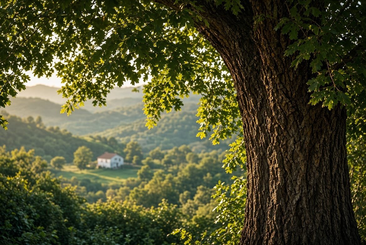 Oak trunk and rolling countryside